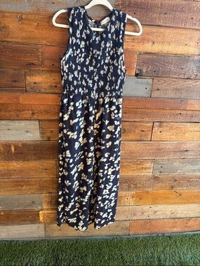 Calvin Klein Navy Sleeveless Smocked Jumpsuit with Cream Floral Print